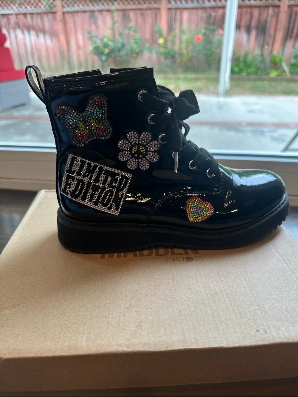 Limited Edition Steve Madden Kids Black Patent rainbow Embellished add-ons Boots